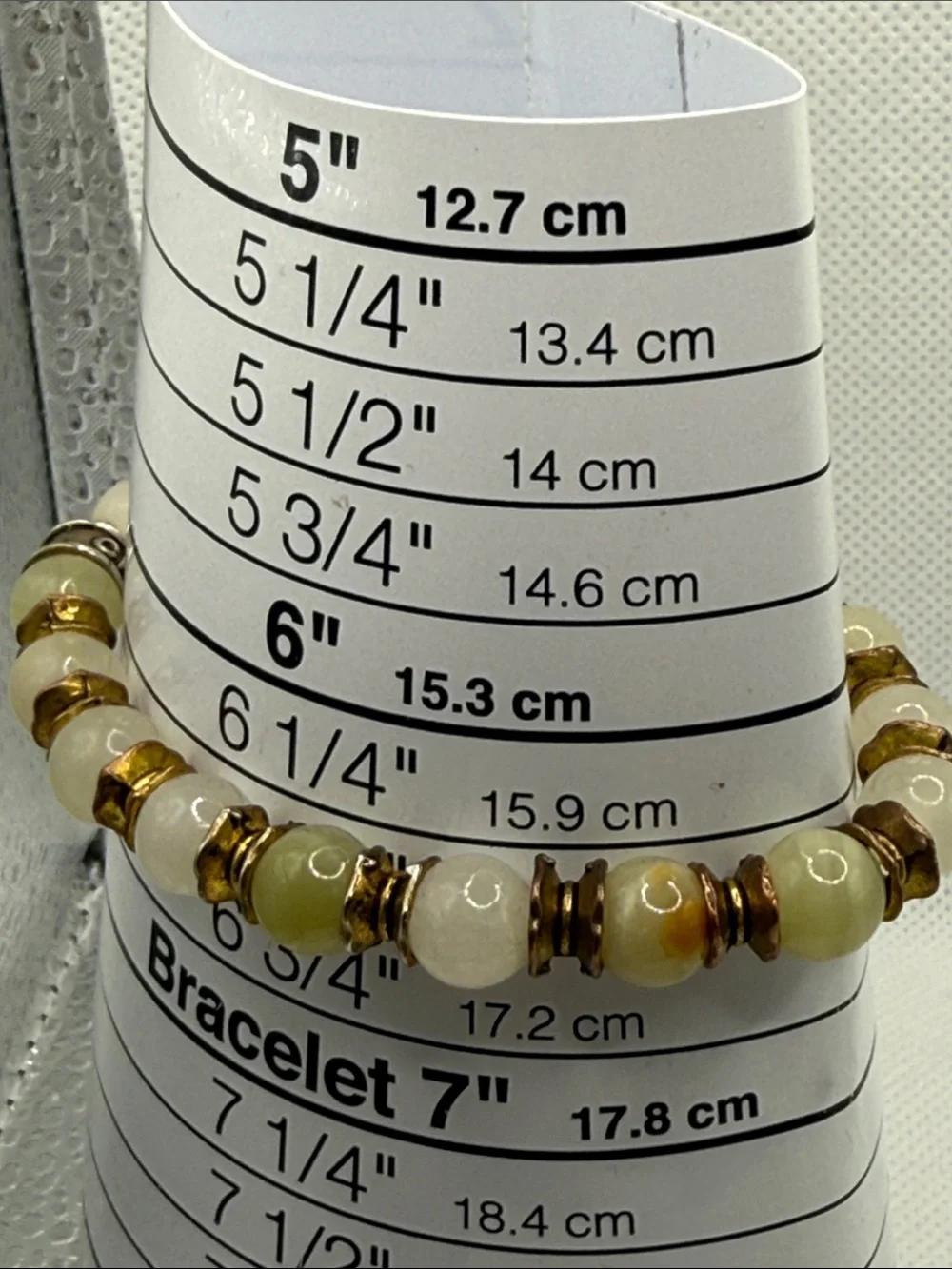 CFC signed Green and Cream Beaded Stretch gemstone bracelet neutral green beige